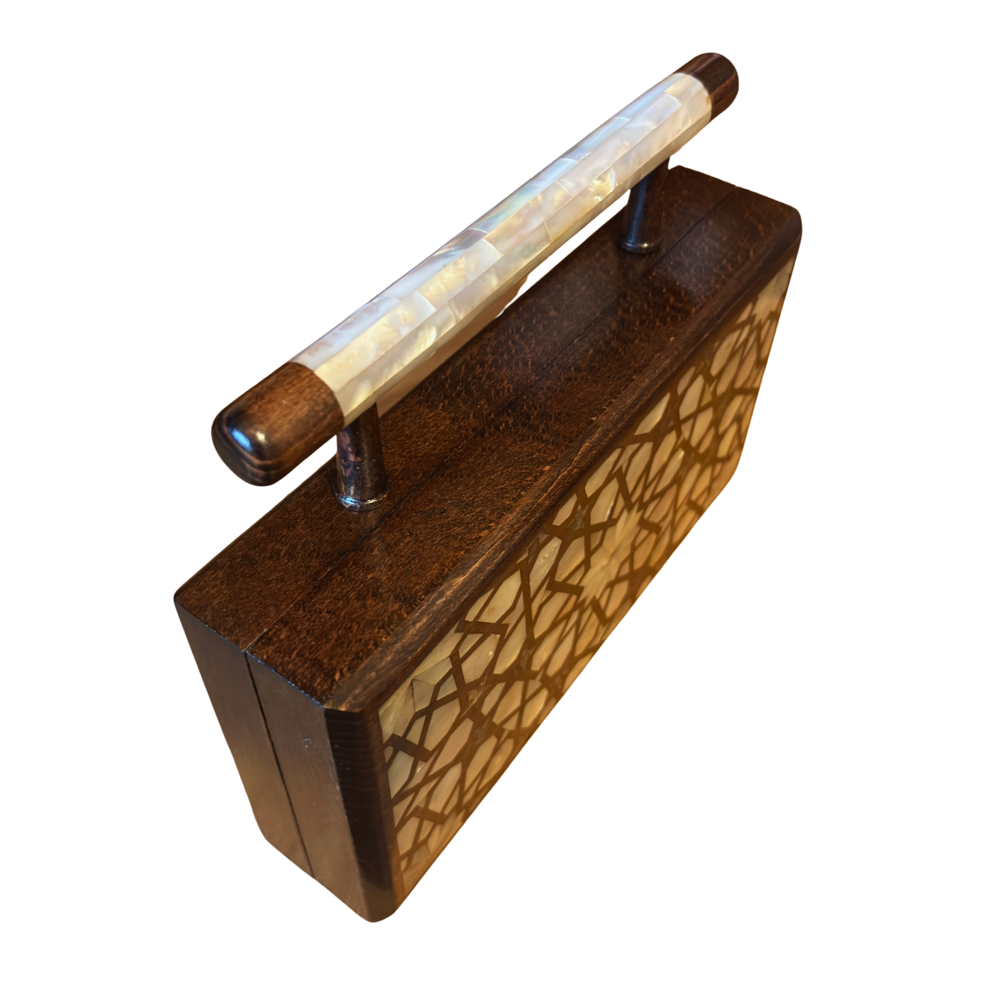 De Hemelse Ster – Handgemaakte Damascener Clutch van Notenhout met Parelmoer