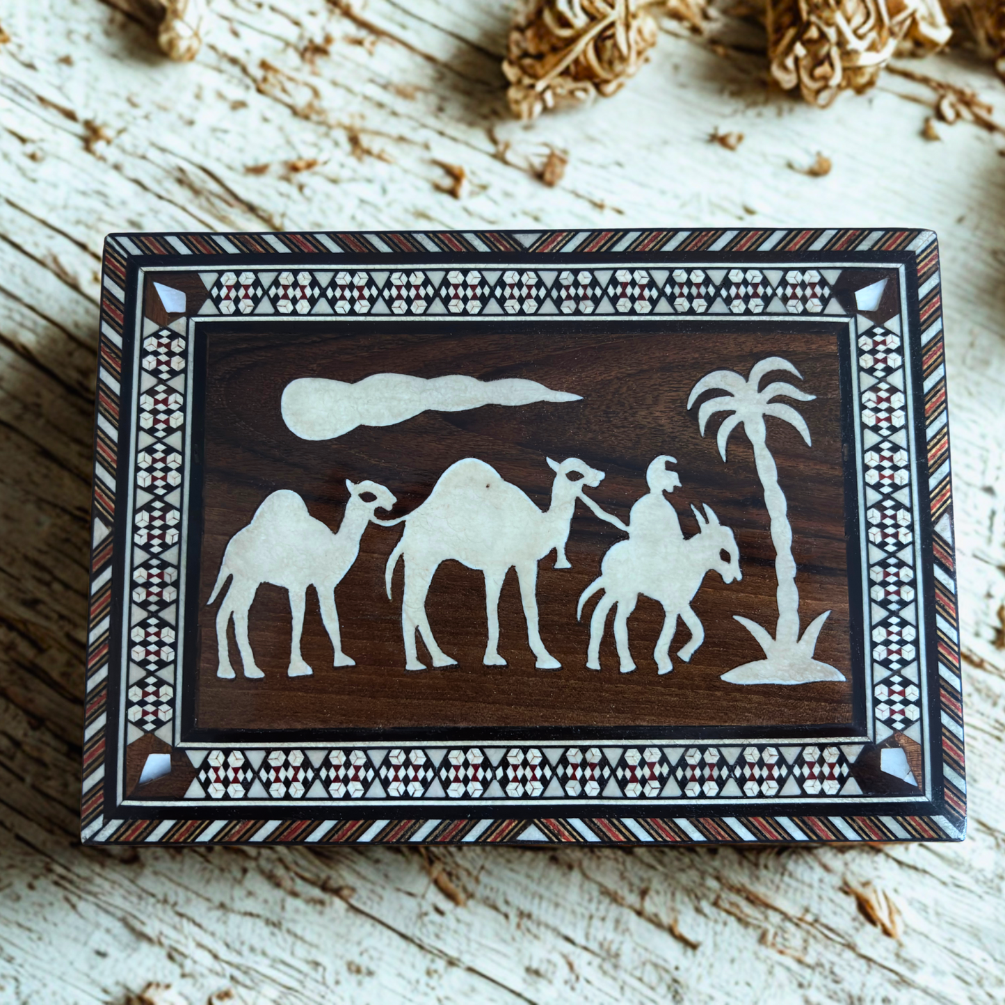 Medium 1970 Vintage Camel Damascene Mosaic Box -Brown-