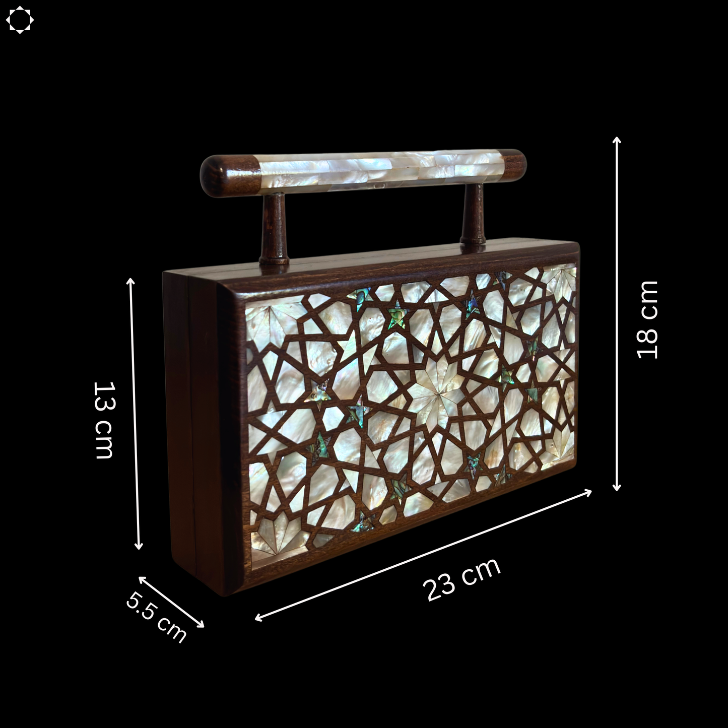 De Hemelse Ster – Handgemaakte Damascener Clutch van Notenhout met Parelmoer
