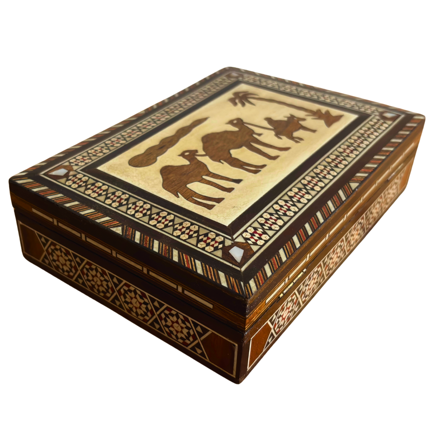 Medium 1970 Vintage Camel Damascene Mosaic Box