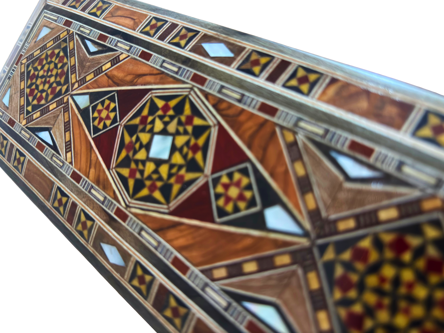 Langwerpige handgemaakte Damascene mozaïekdoos voor pennen en sieraden, parelmoer ingelegd, Syrisch oosters vakmanschap