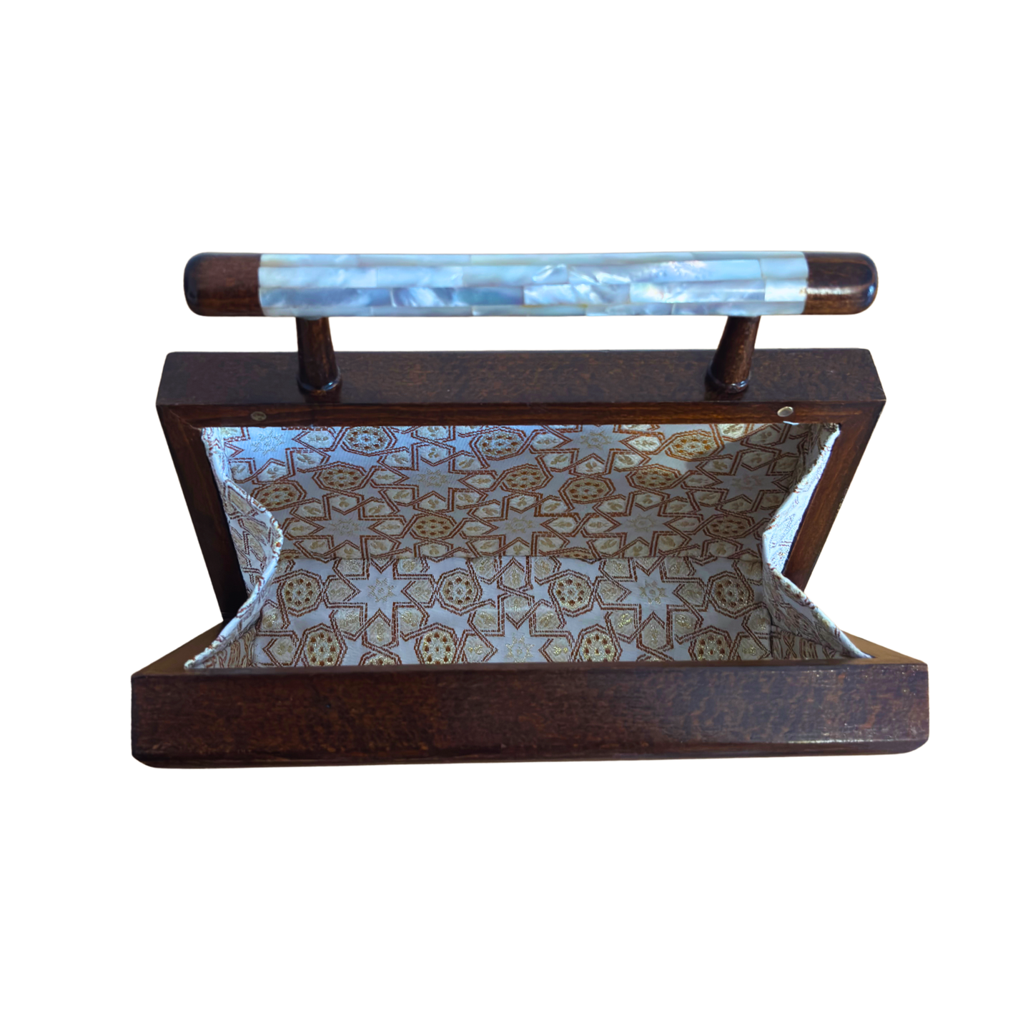 De Hemelse Ster – Handgemaakte Damascener Clutch van Notenhout met Parelmoer