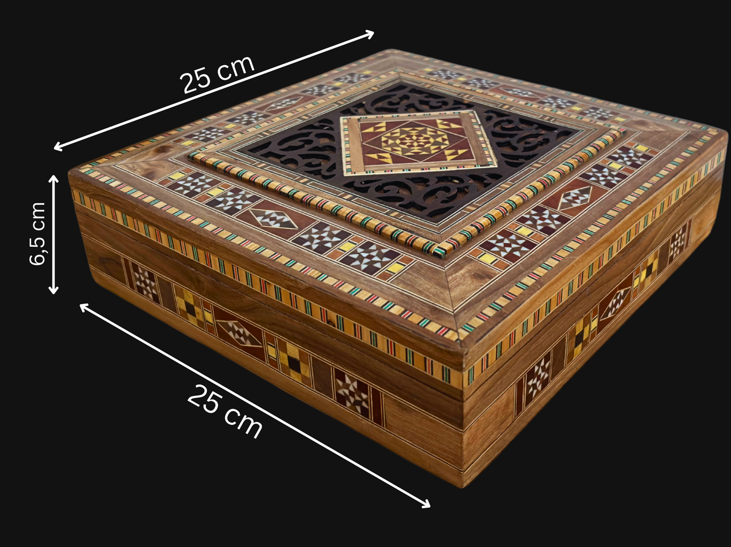 Grote Damascene Mozaïekdoos – Handgemaakte Vierkante Sieradendoos met Fijne Houten Inleg en Fluwelen Binnenkant