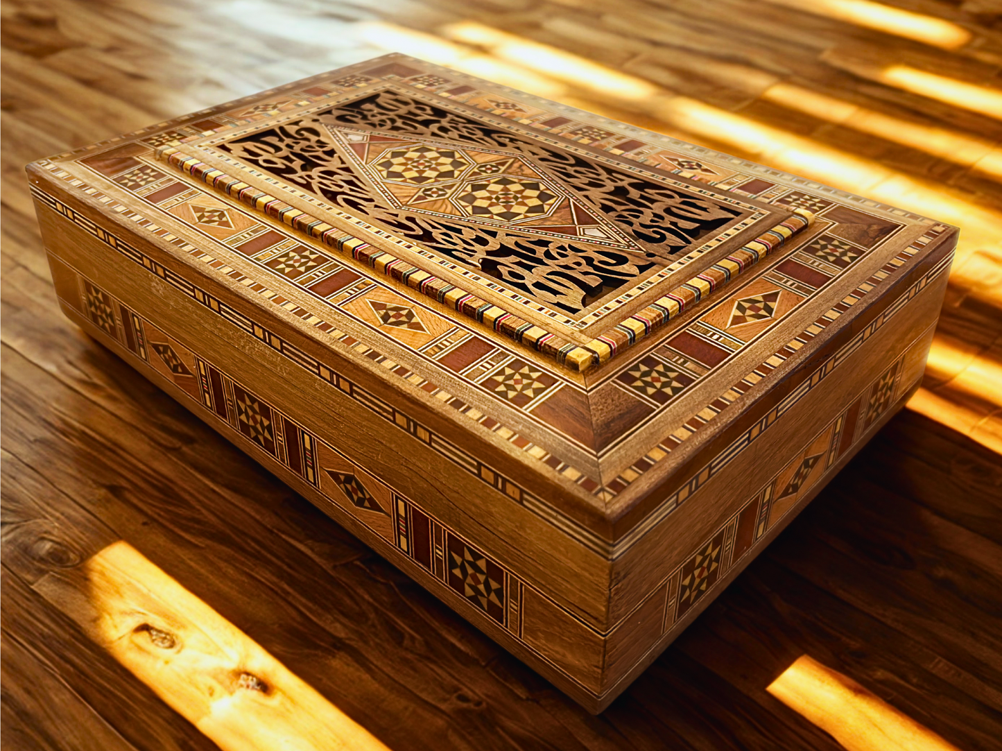 Elegante grote mozaïekdoos – Handgemaakte houten kist voor sieraden en herinneringen met fluwelen voering
