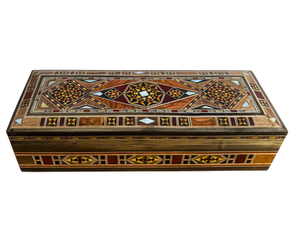 Langwerpige handgemaakte Damascene mozaïekdoos voor pennen en sieraden, parelmoer ingelegd, Syrisch oosters vakmanschap
