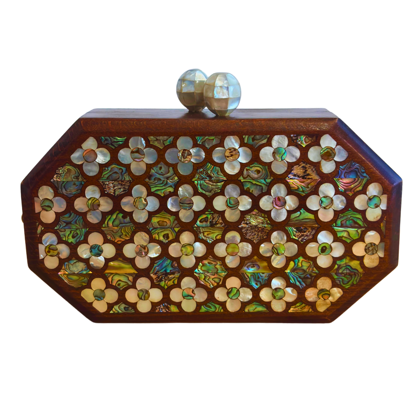 Jouri – Luxury Damascene Clutch with Mother of Pearl Rose Inlay & Pearl Rosary Chain