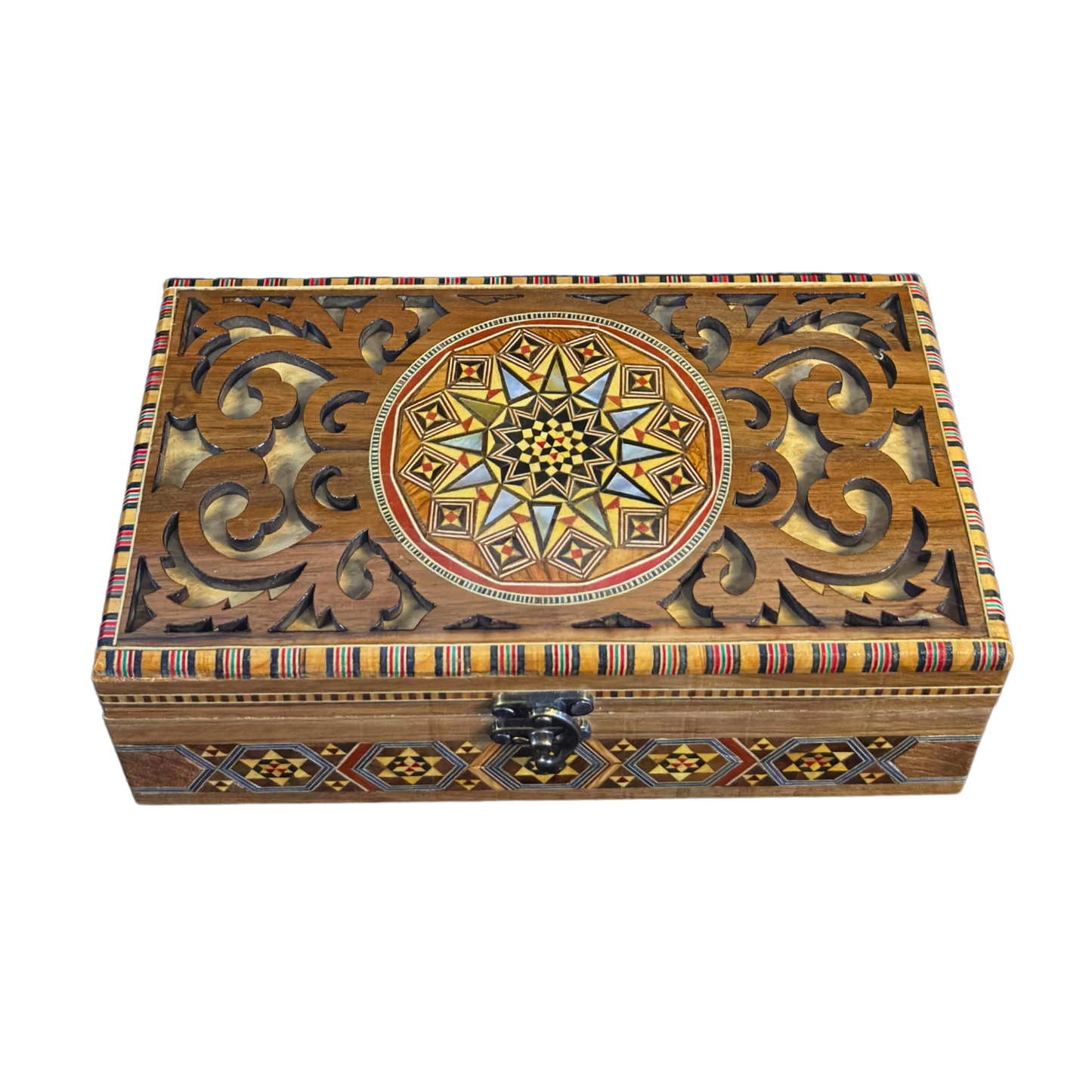 Handcrafted Damascene Mosaic Box – Mother of Pearl & Carved Elegance