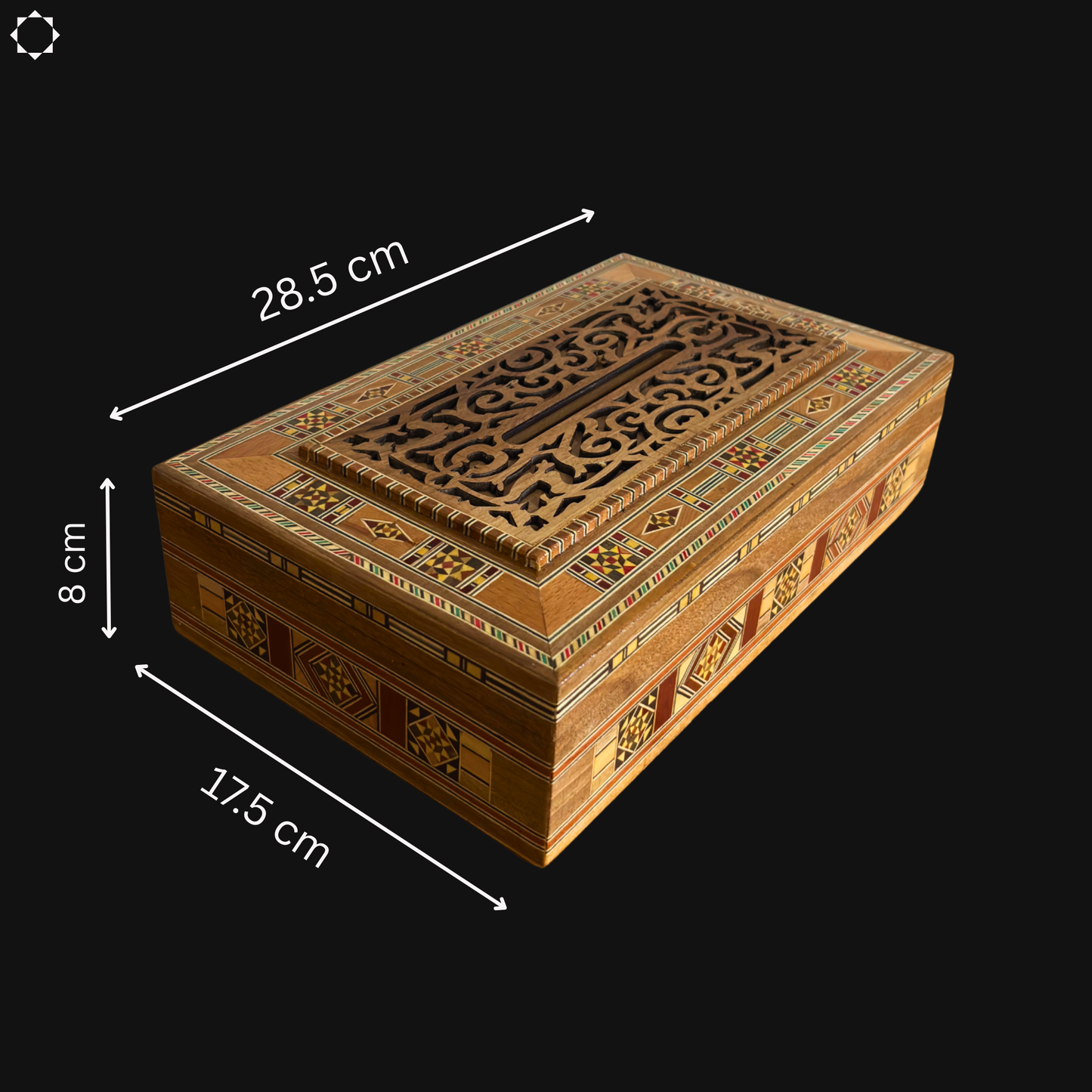 Damaskus Holz-Tissuebox – Fein geschnitzt mit bordeauxrotem Samt innen