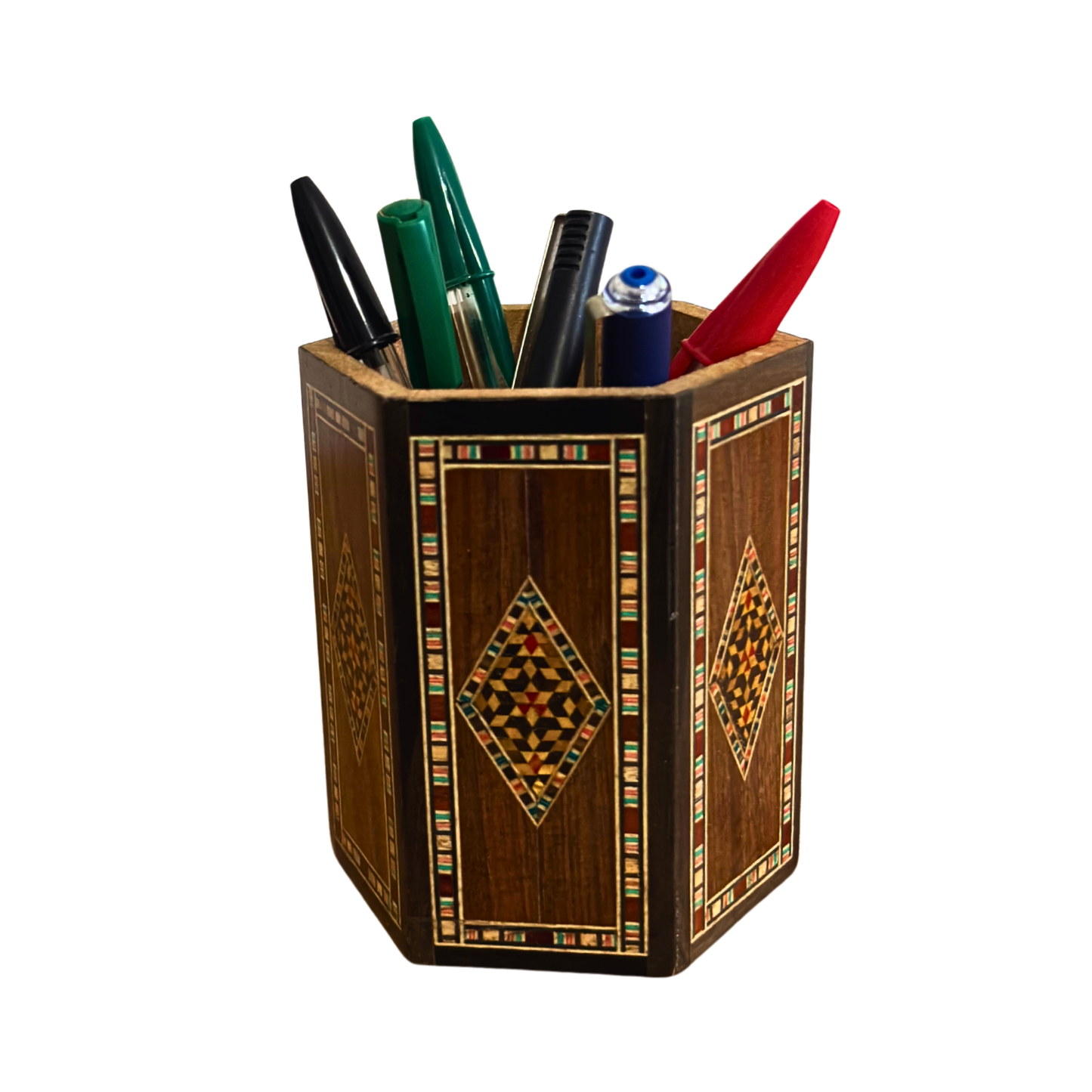 Porte-Stylos Damasquiné en Bois par Gaby Al Dayeh – Bois Naturels & Élégance Artisanale