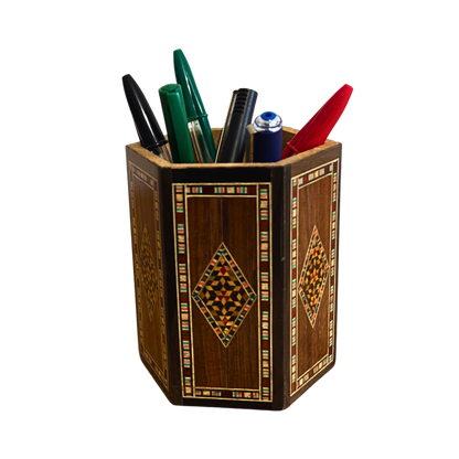 Porte-Stylos Damasquiné en Bois par Gaby Al Dayeh – Bois Naturels & Élégance Artisanale