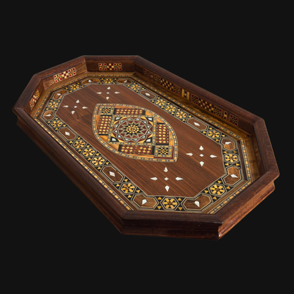 Damascene Mosaic Wooden Tray – Mother of Pearl Inlay & Walnut Finish