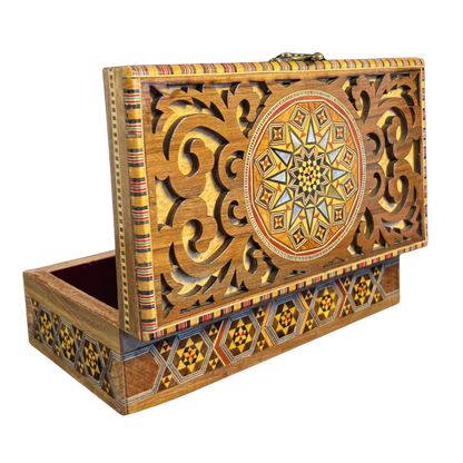 Handcrafted Damascene Mosaic Box – Mother of Pearl & Carved Elegance