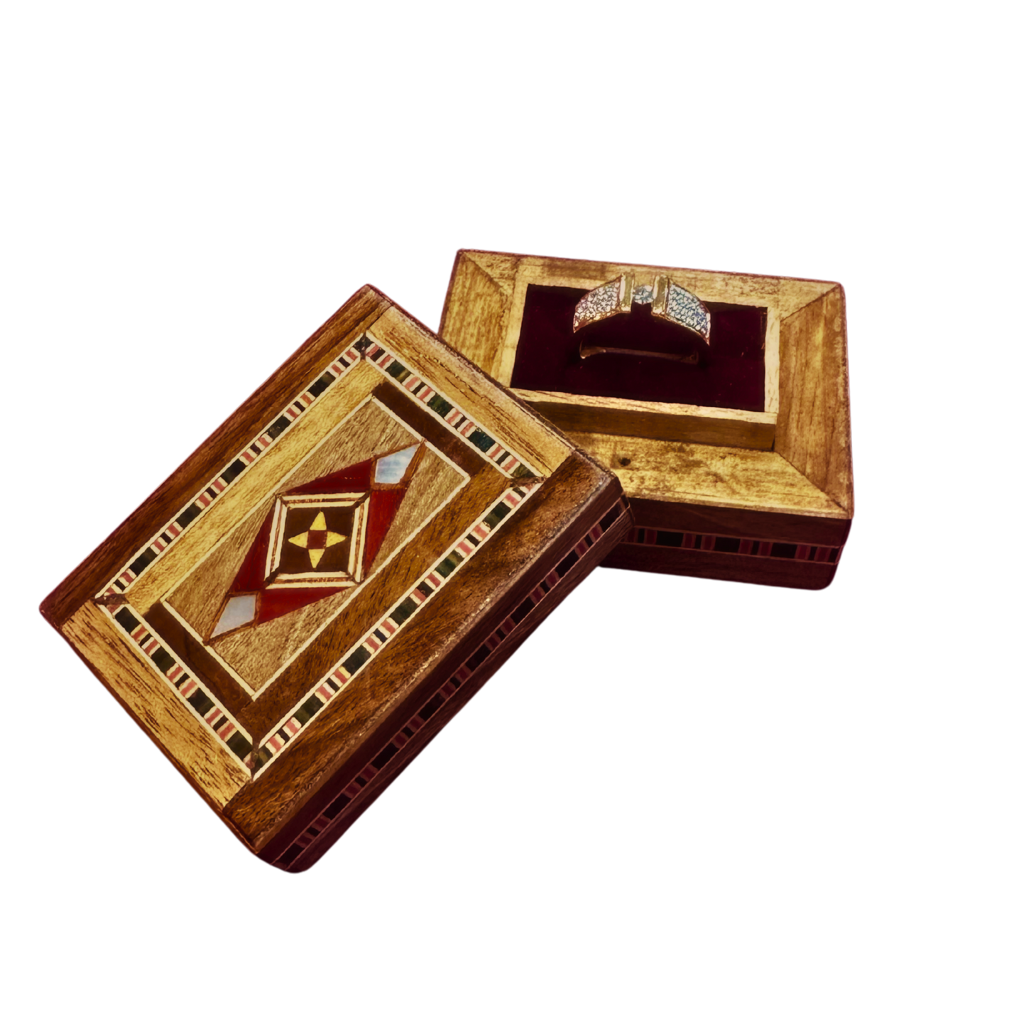 Handgefertigte Mosaik-Ringschatulle aus Damaskus – Holzkunst & Samt
