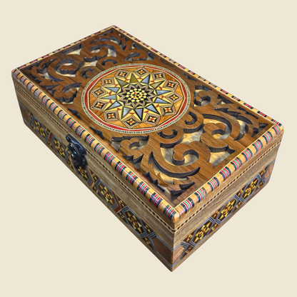 Handcrafted Damascene Mosaic Box – Mother of Pearl & Carved Elegance