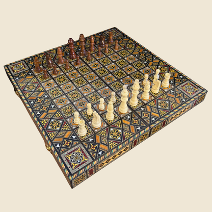 Luxury Mosaic Chess & Backgammon Set – Damascene Art & Mother of Pearl