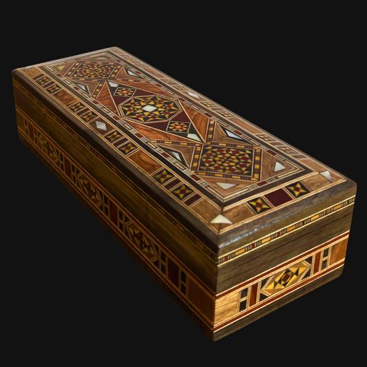 Langwerpige handgemaakte Damascene mozaïekdoos voor pennen en sieraden, parelmoer ingelegd, Syrisch oosters vakmanschap
