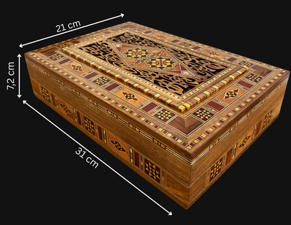 Elegante grote mozaïekdoos – Handgemaakte houten kist voor sieraden en herinneringen met fluwelen voering