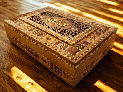 Elegante grote mozaïekdoos – Handgemaakte houten kist voor sieraden en herinneringen met fluwelen voering